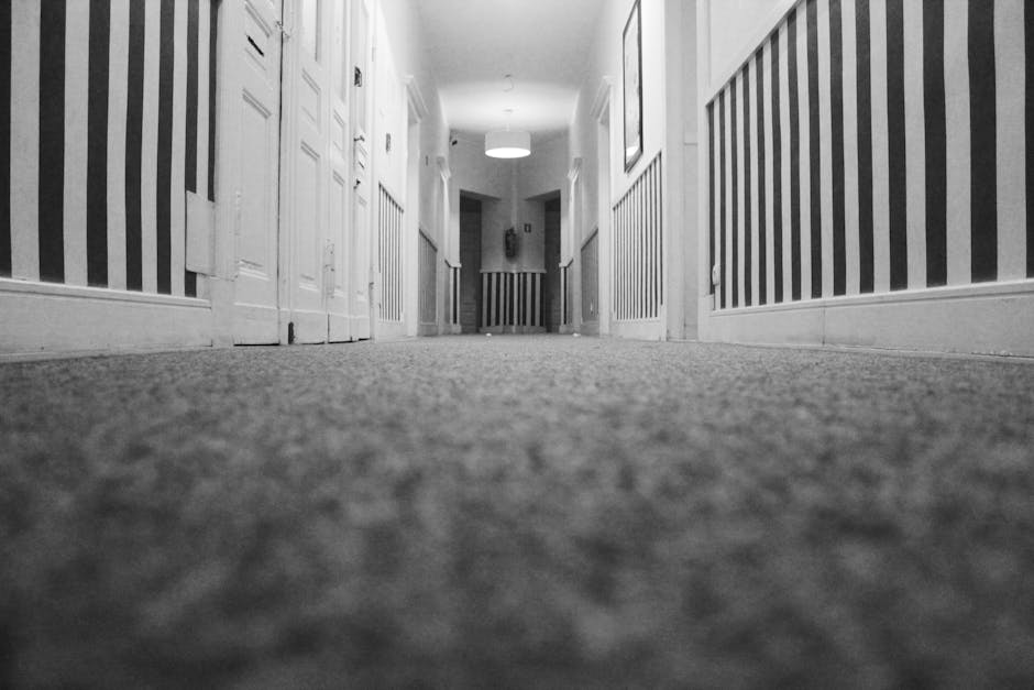 A close-up, ground-level view of a carpeted hallway in a residential property, featuring a textured, light-colored carpet that appears clean and well-maintained. On either side of the hallway, there are white wooden doors with panel details and a decorative wainscoting with vertical stripes, painted in a dark shade, contrasting with the lighter walls. The hallway is illuminated by soft, ambient lighting from ceiling fixtures, creating a bright and tidy atmosphere suitable for surface cleaning and hygiene maintenance, and exemplifying domestic cleaning standards promoted by Marylebone Carpet Cleaning.